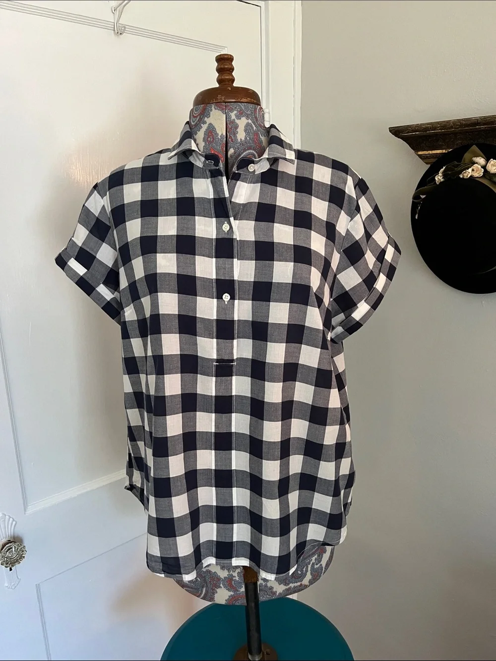 Women’s J.Crew Mercantile Navy/White Short Sleeve Button Pullover
